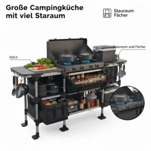 Die praktischen Aufbewahrungsfächer und Regale einer gaskocher campingküche groß für Utensilien.