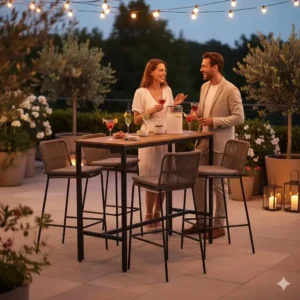 Bartisch set terrasse als Gartenbar genutzt, mit Cocktails und stimmungsvoller Beleuchtung.