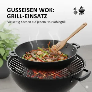 Die Wok Pfanne Gusseisen Outdoor im Einsatz auf einem Holzkohlegrill.