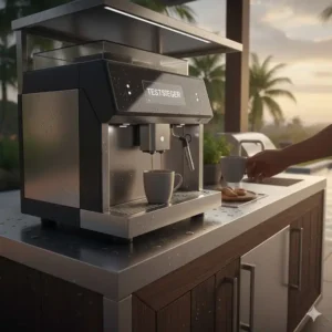 Frischer Kaffee am Morgen aus der kaffeemaschine außenküche wetterfest direkt am Pool.