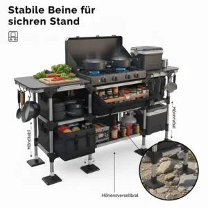 Fokus auf die stabilen Beine und den sicheren Stand der gaskocher campingküche groß im Gelände.