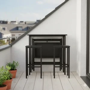 Platzsparendes bartisch set terrasse klappbar, ideal für kleine Terrassen oder Balkone, aus schwarzem Metall.