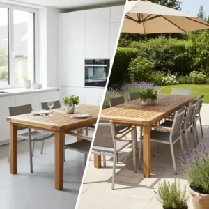 Funktionale essgruppe garten küche mit einem ausziehbaren Esstisch für flexible Gästezahlen.