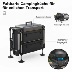Demonstration der Klappfunktion für den einfachen Transport einer gaskocher campingküche groß.