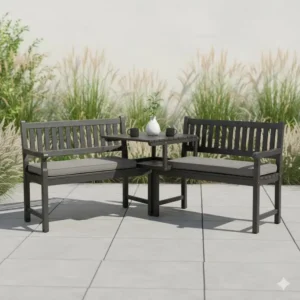 Elegante Gartenbank mit Tisch Kombi in modernem Anthrazit mit stabilem Metallrahmen.