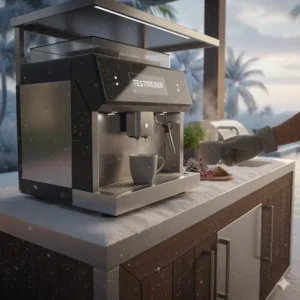 Eine kaffeemaschine außenküche wetterfest im Einsatz während der kalten Jahreszeit.