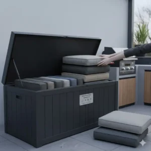 Die wetterfeste Kissen Außenküche werden in einer wasserdichten Kissenbox für den Winter verstaut.