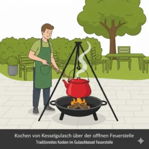 Beim Kochen von ungarischem Gulasch ĂŒber der offenen Gulaschkessel Feuerstelle.