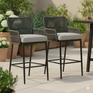 Bequeme Barhocker mit hoher Rückenlehne, passend zum bartisch set terrasse für komfortables Sitzen im Garten.