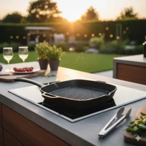 Einbau-Induktionsfeld bereit für die Nutzung einer grillpfanne außenküche induktion in einer Luxus-Küche.