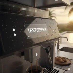 Das wasserdichte Display einer kaffeemaschine außenküche wetterfest im Nahaufnahmen-Fokus.