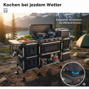 Der integrierte Windschutz für effizientes Kochen mit der gaskocher campingküche groß bei Wind.