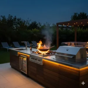 Gemütlicher Abend beim Grillen mit dem aktiven wok brenner außenküche gas.