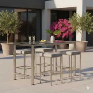 Elegantes bartisch set terrasse mit robuster Glas-Tischplatte und Edelstahl-Gestell.