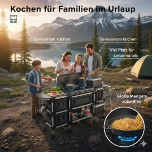 Eine Familie nutzt die gaskocher campingküche groß zur Zubereitung einer Mahlzeit am See.