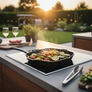 Frisches Grillgemüse wird in der grillpfanne außenküche induktion schonend und schnell zubereitet.