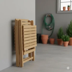 Ansicht der platzsparenden, zusammenklappbaren Gartenbank mit Tisch Kombi zur einfachen Lagerung.