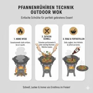 Professionelles Pfannenrühren mit der Wok Pfanne Gusseisen Outdoor.