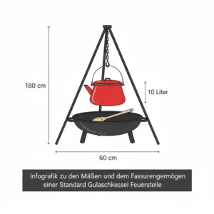 Infografik mit den MaĂen und KapazitĂ€ten einer Standard Gulaschkessel Feuerstelle.