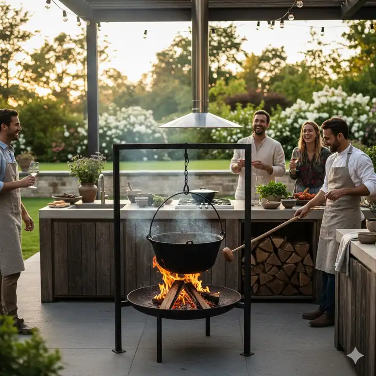 Eine voll ausgestattete moderne kessel holzfeuer gartenküche in einem luxuriösen Außenbereich.