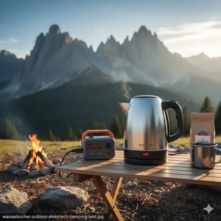 Ein moderner wasserkocher outdoor elektrisch auf einem Campingtisch in den Bergen.