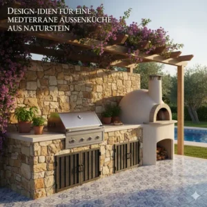 Eine rustikale Steinwand ergänzt diese außenküche ideen mediterran stil perfekt.