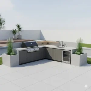 Ein funktionales L-Form Layout als Beispiel für außenküche ideen modern design im Garten.