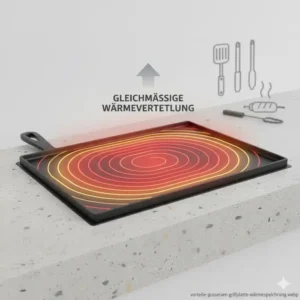 Infografik über die Vorteile der Grillplatte Gusseisen Außenküche.