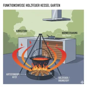 Illustration der optimalen Wärmeverteilung für eine kessel holzfeuer gartenküche beim Kochen.
