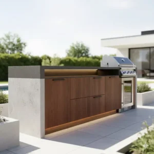 Verschiedene Materialkombinationen wie Beton und Holz für außenküche ideen modern design.