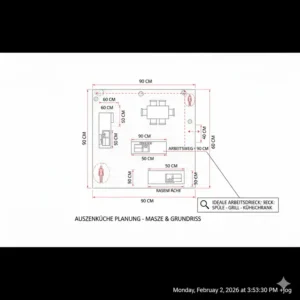Technische Zeichnung und Maße, um eine funktionale außenküche für garten planen schritt für schritt.