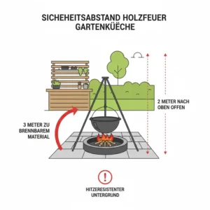 Infografik zu den Sicherheitsabständen einer kessel holzfeuer gartenküche im Garten.