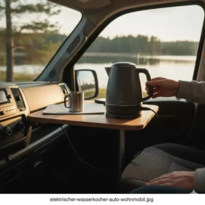 Ein wasserkocher outdoor elektrisch im Einsatz in einem Wohnmobil oder Camper.