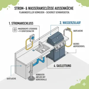 Fachgerechte Strom- und Wasseranschlüsse helfen, bei der Außenküche Fehler vermeiden zu helfen.