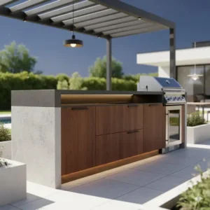 Stimmungsvolle LED-Beleuchtungskonzepte für eine außenküche ideen modern design bei Nacht.