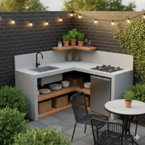 Platzsparende Eck-Lösung als außenküche ideen klein garten.