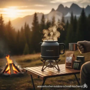 Heißer Kaffee zubereitet mit einem wasserkocher outdoor elektrisch beim Camping.