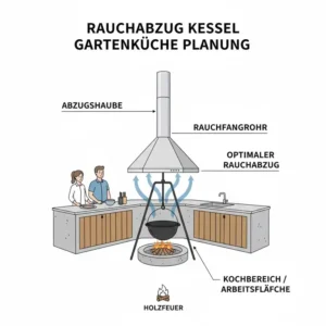 Technische Zeichnung der Belüftung und des Rauchabzugs einer kessel holzfeuer gartenküche.