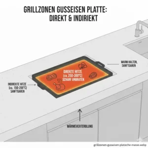 Darstellung der Hitzezonen auf einer Grillplatte Gusseisen Außenküche.