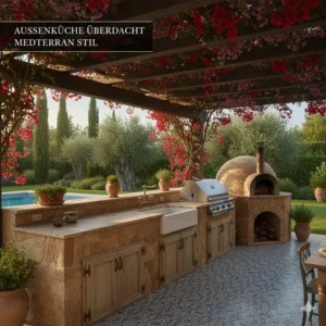 Wetterfeste und überdachte außenküche ideen mediterran stil mit Pergola.