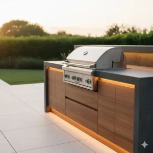Ein hochwertiger Einbaugrill integriert in eine außenküche ideen modern design mit Arbeitsplatte.