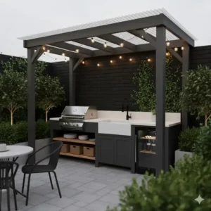 Wetterfeste überdachte außenküche ideen klein garten.