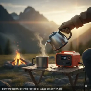Ein wasserkocher outdoor elektrisch angeschlossen an eine mobile Powerstation.