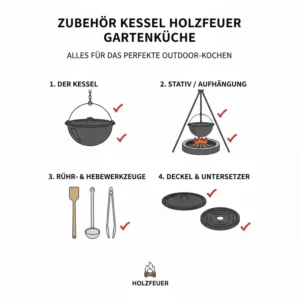 Wichtiges Zubehör und Werkzeuge für die Arbeit mit einer kessel holzfeuer gartenküche.
