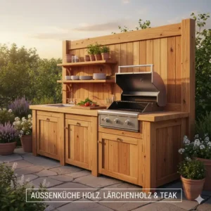 Rustikales Design im Außenküche Materialvergleich Holz Stein Metall mit Fokus auf Lärche und Teak.