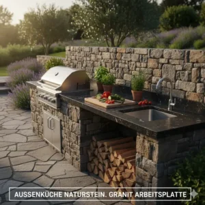 Edler Naturstein im Außenküche Materialvergleich Holz Stein Metall mit Granit-Arbeitsplatte.