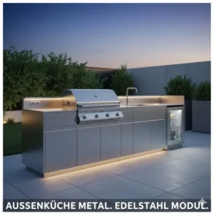 Moderne Edelstahlmodule im Außenküche Materialvergleich Holz Stein Metall für Langlebigkeit.