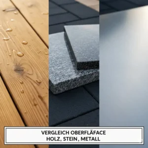 Nahaufnahme der Oberflächen im Außenküche Materialvergleich Holz Stein Metall.