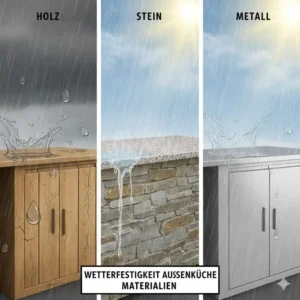 Wetterfestigkeit und Beständigkeit im Außenküche Materialvergleich Holz Stein Metall.
