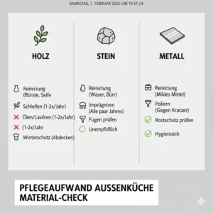Infografik zum Pflegeaufwand im Außenküche Materialvergleich Holz Stein Metall.